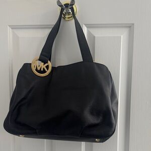 Michael Kors Black Leather Shoulder Tote with Gold MK Logo Charm